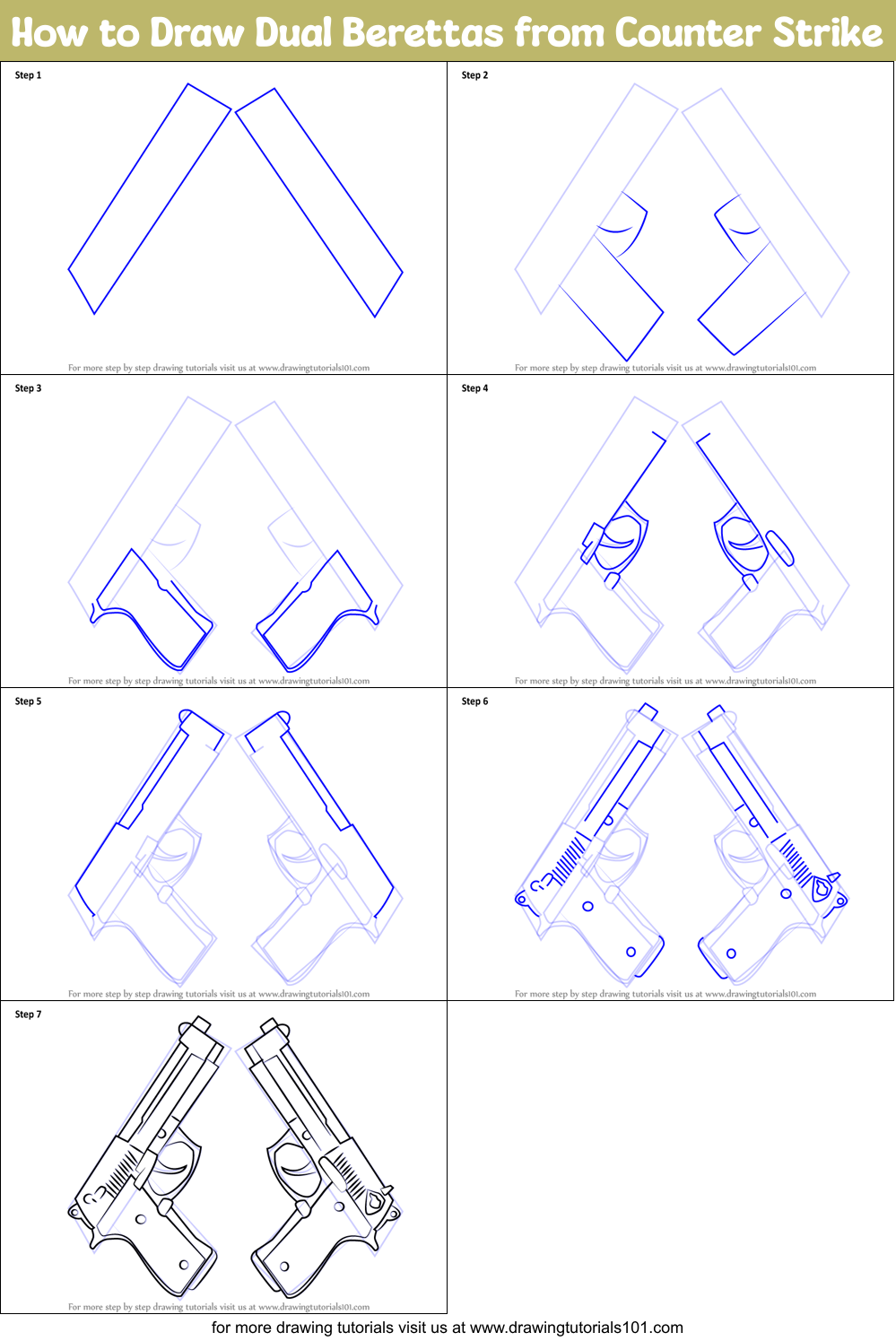 How to Draw Dual Berettas from Counter Strike Printable Step by Step