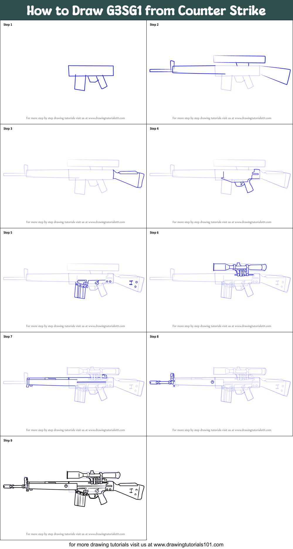 How to Draw G3SG1 from Counter Strike Printable Step by Step
