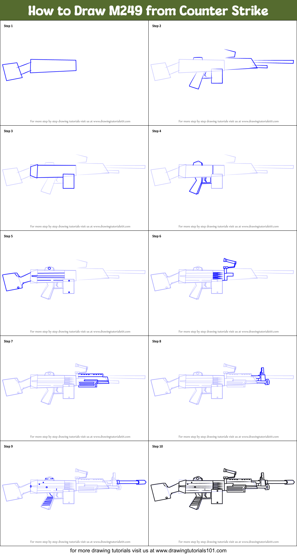 How to Draw M249 from Counter Strike Printable Step by Step