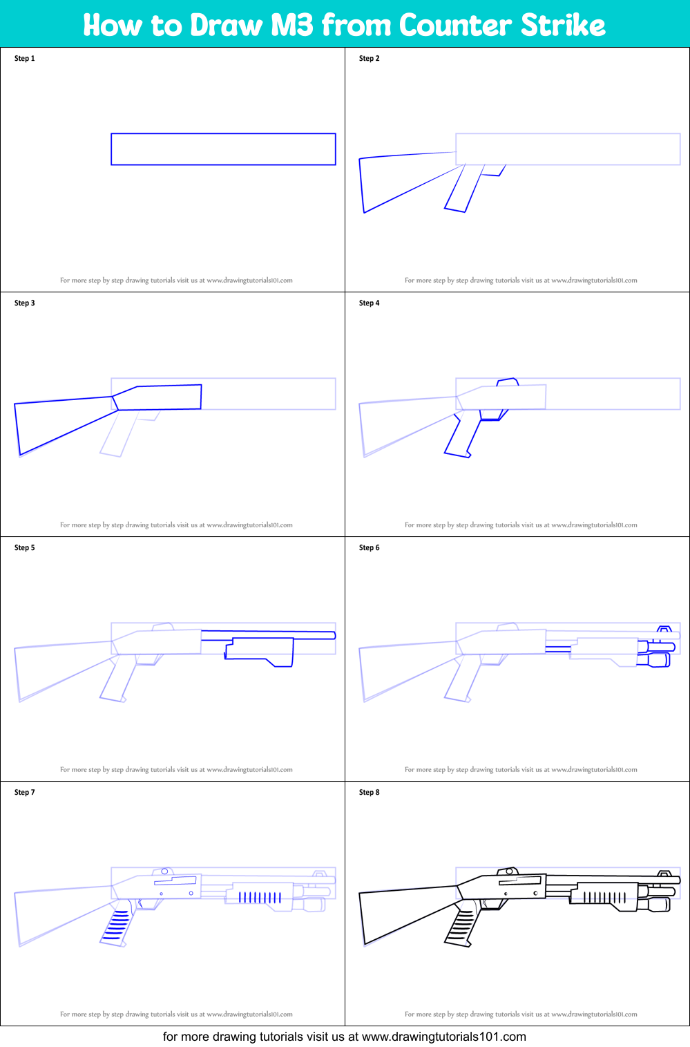 How to Draw M3 from Counter Strike Printable Step by Step