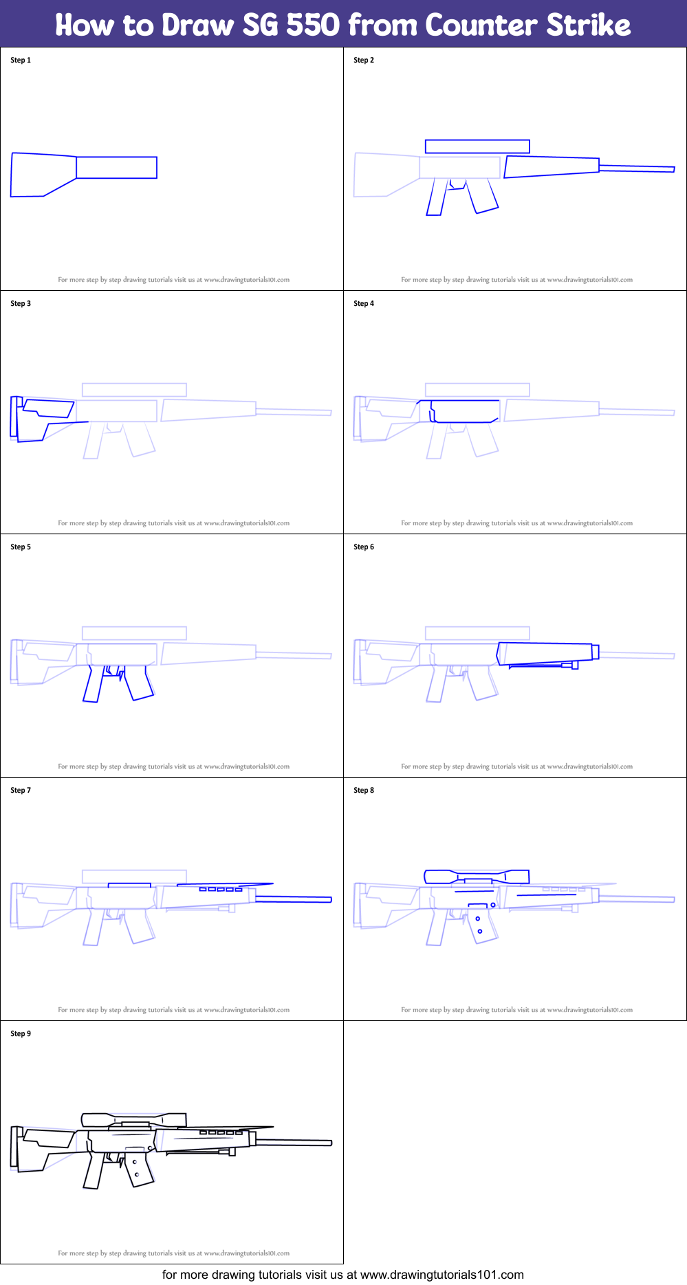 How to Draw SG 550 from Counter Strike Printable Step by Step