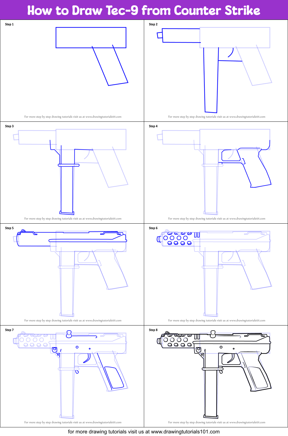 How to Draw Tec-9 from Counter Strike Printable Step by Step