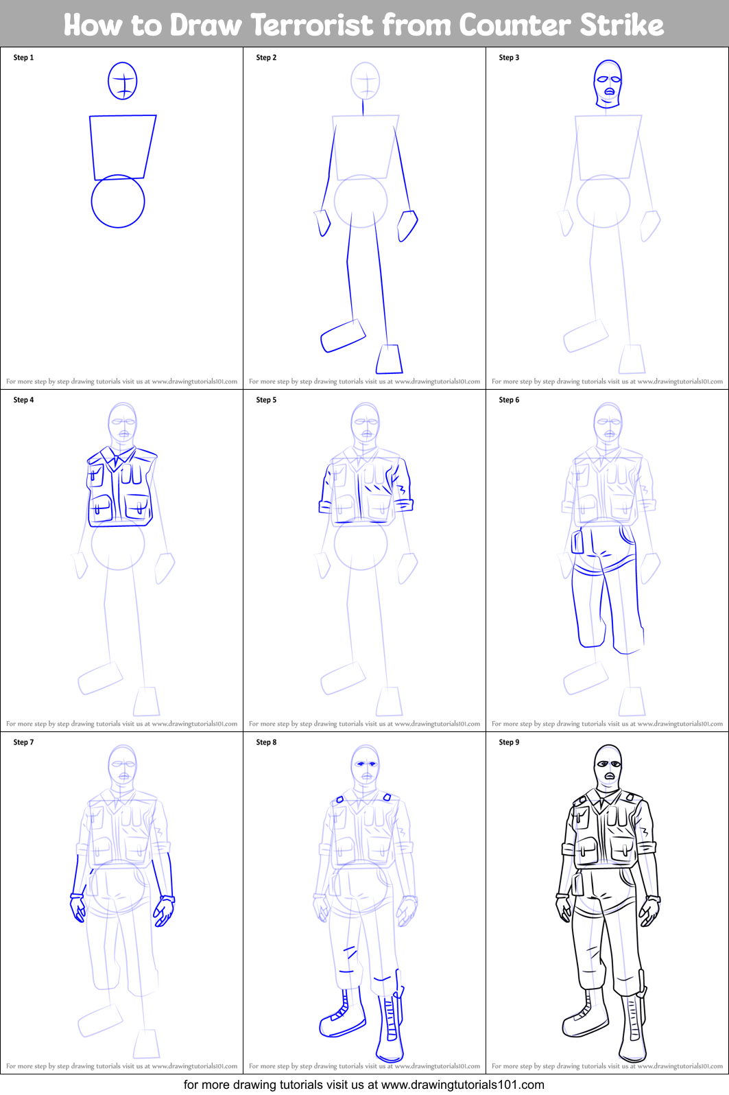 How to Draw Terrorist from Counter Strike Printable Step by Step