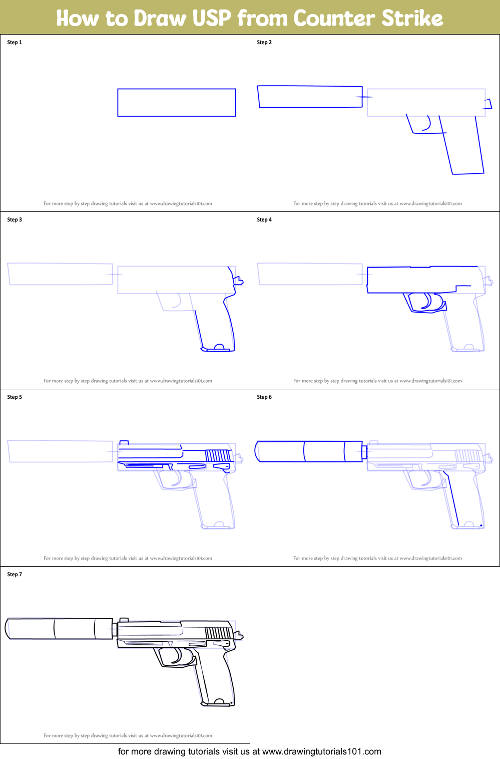 How to Draw USP from Counter Strike Printable Step by Step
