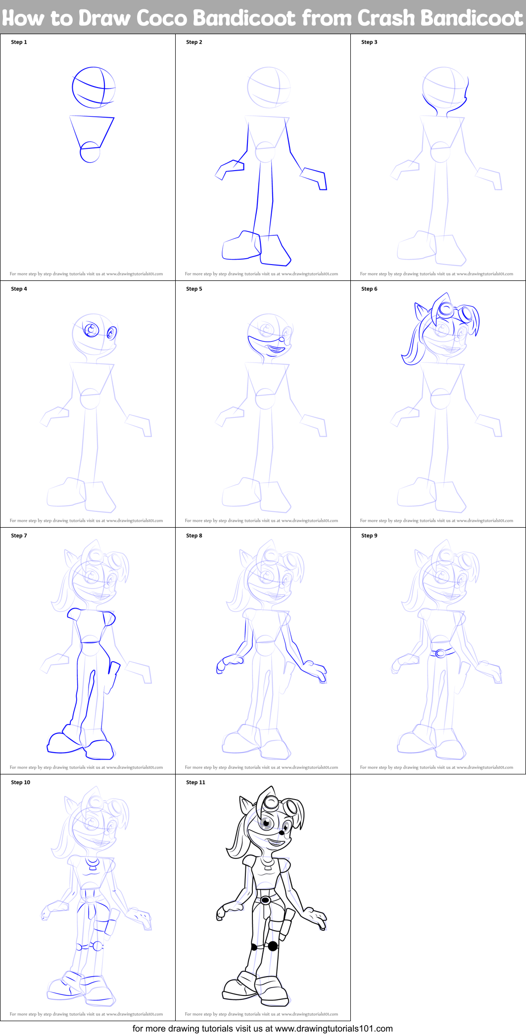How to Draw Coco Bandicoot from Crash Bandicoot Printable Step by Step
