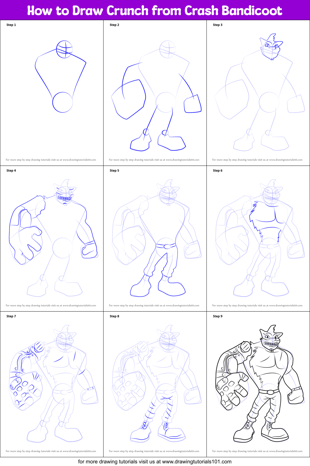 How to Draw Crunch from Crash Bandicoot Printable Step by Step