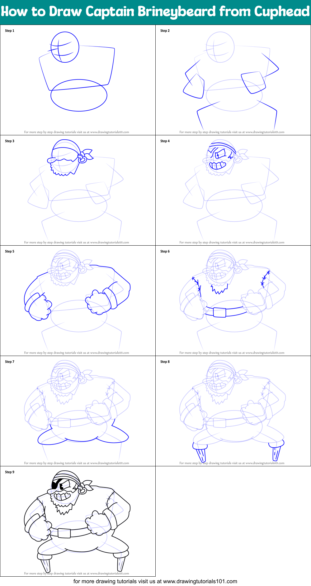 How to Draw Captain Brineybeard from Cuphead Printable Step by Step