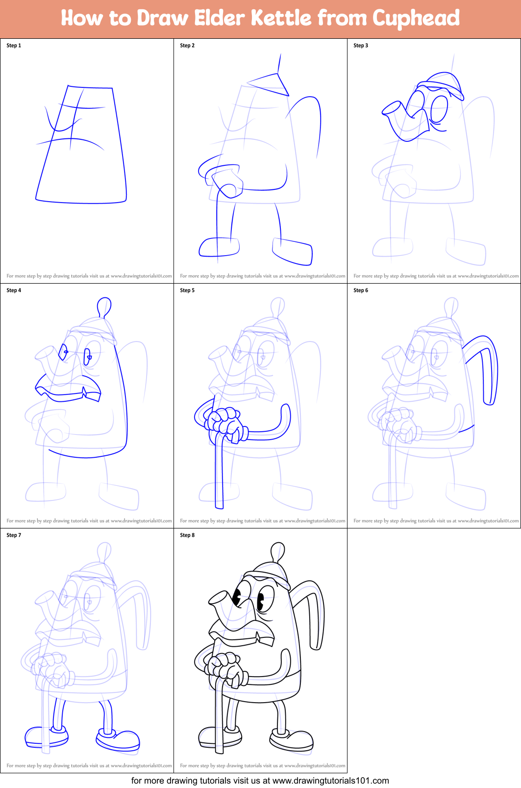 How to Draw Elder Kettle from Cuphead Printable Step by Step