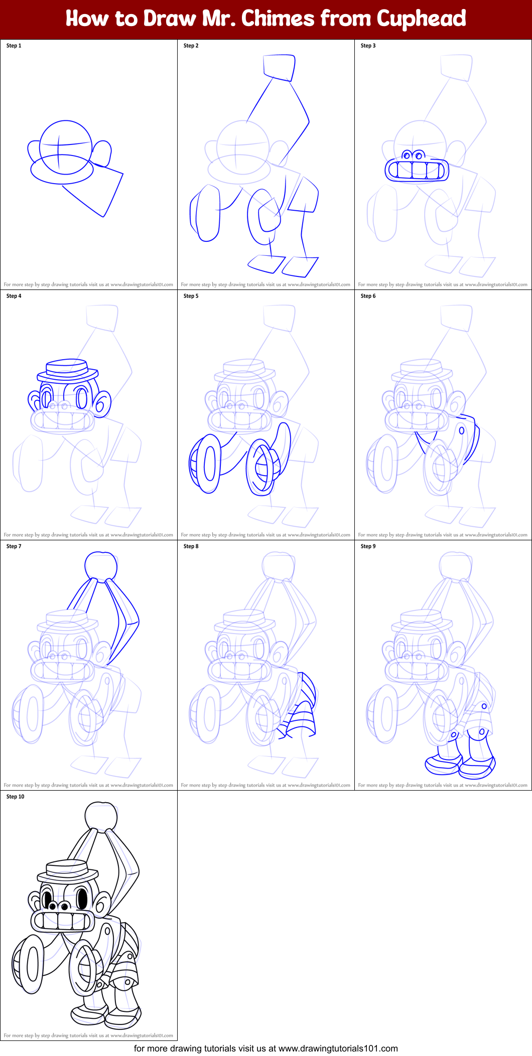 How to Draw Mr. Chimes from Cuphead Printable Step by Step