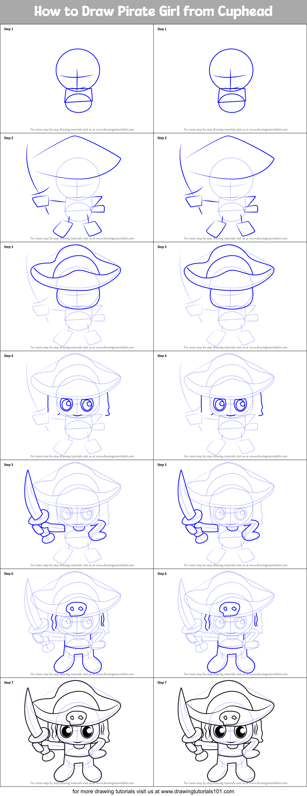 How to Draw Pirate Girl from Cuphead Printable Step by Step