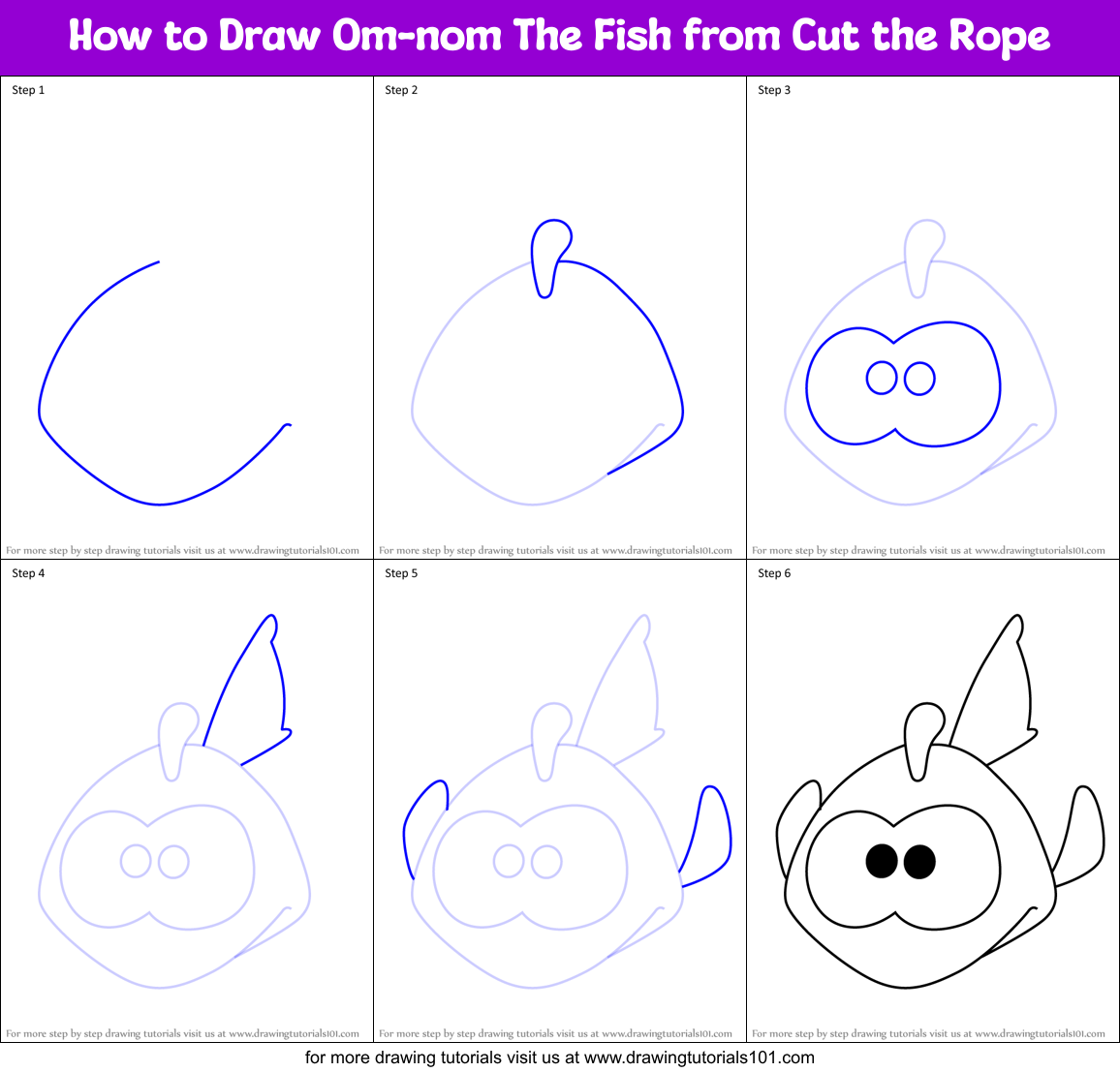 How to Draw Om-nom The Fish from Cut the Rope Printable Step by Step
