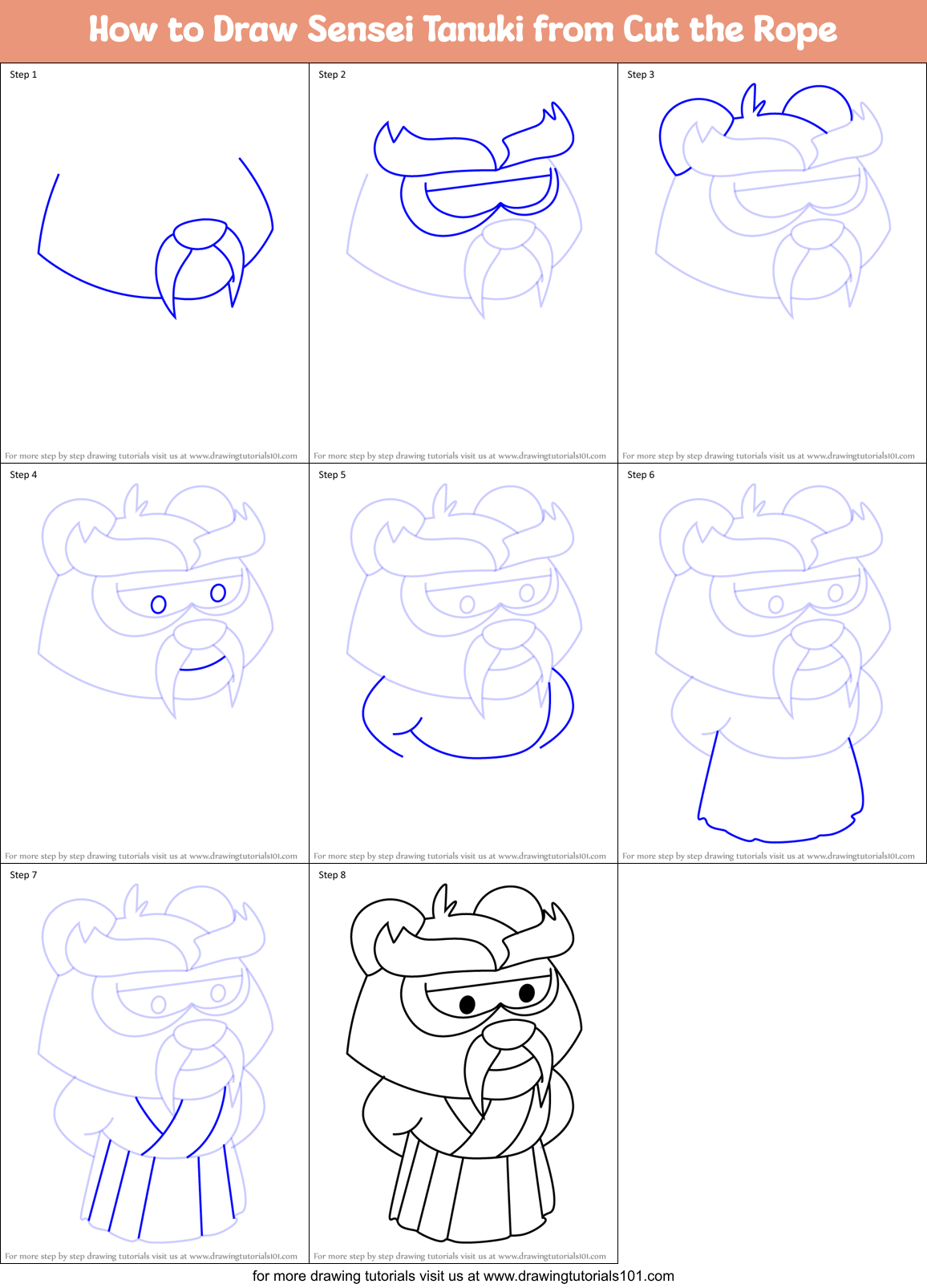 How to Draw Sensei Tanuki from Cut the Rope Printable Step by Step