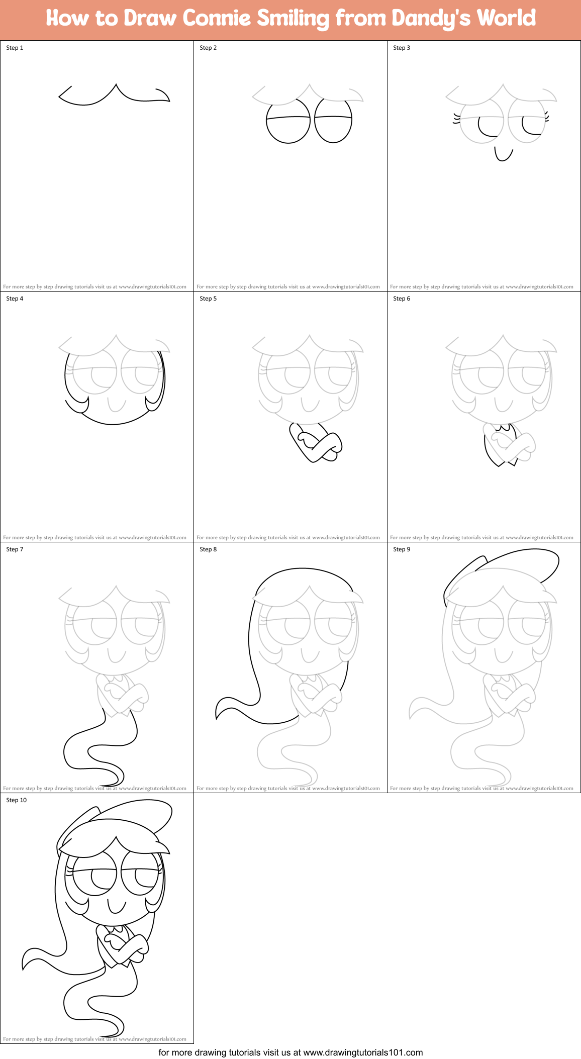 How to Draw Connie Smiling from Dandy's World Printable Step by Step