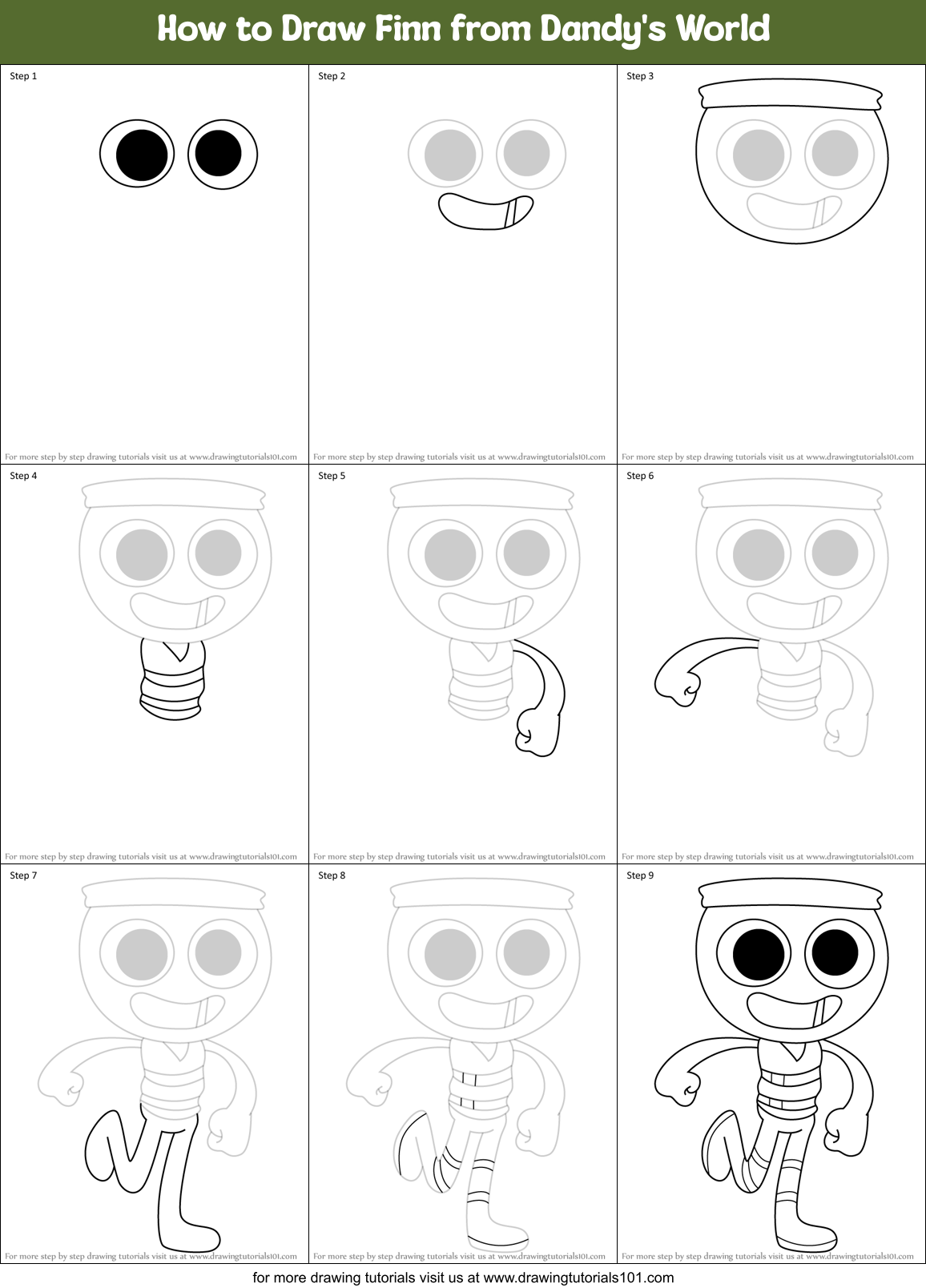 How to Draw Finn from Dandy's World Printable Step by Step