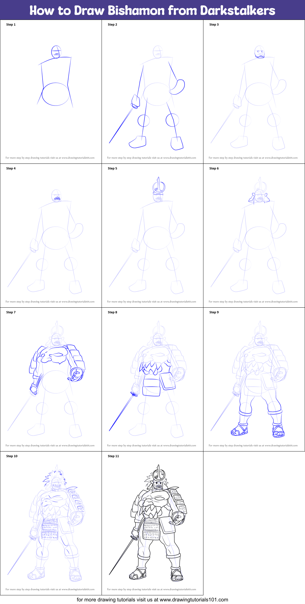 How to Draw Bishamon from Darkstalkers Printable Step by Step