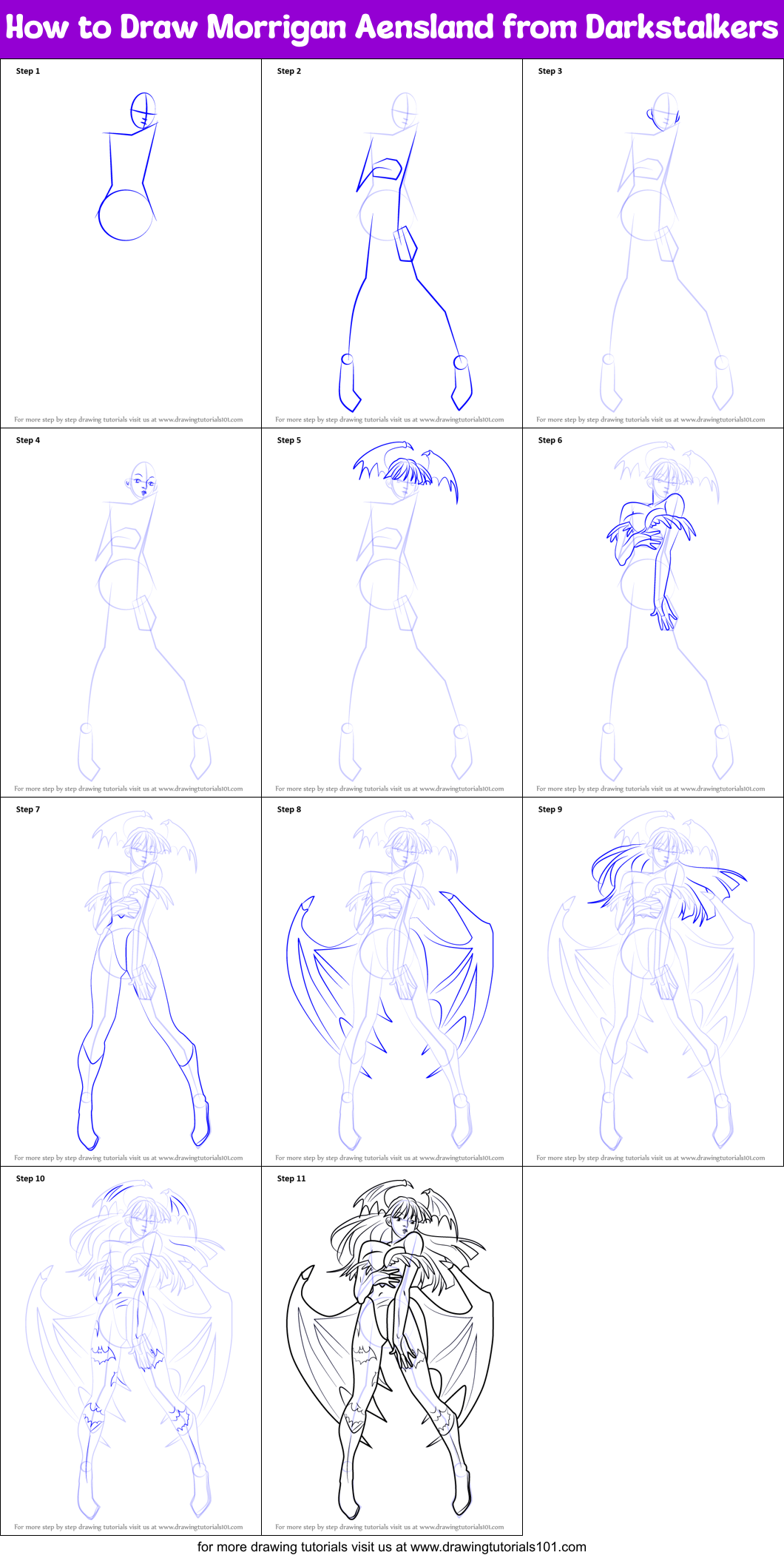 How to Draw Morrigan Aensland from Darkstalkers Printable Step by Step