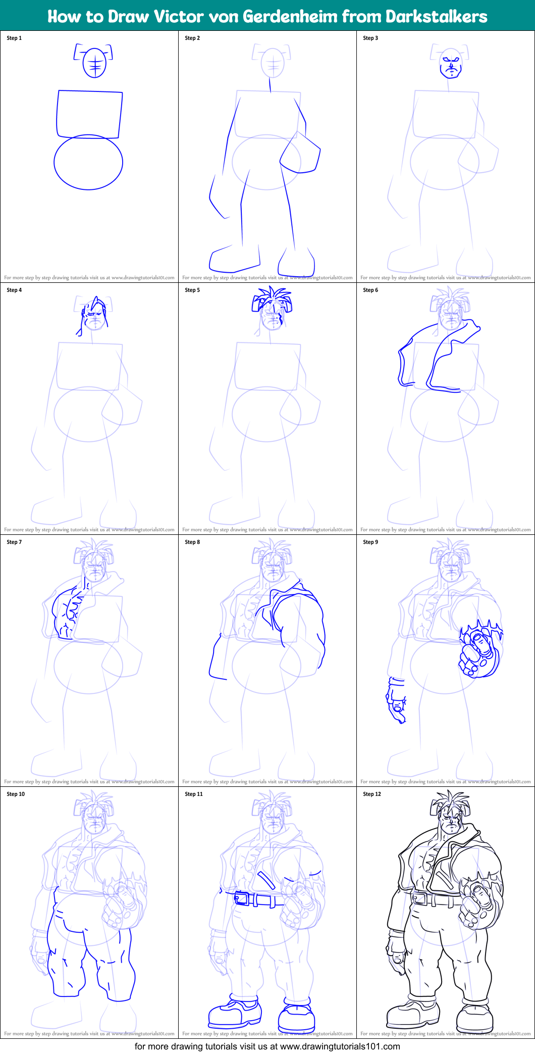How to Draw Victor von Gerdenheim from Darkstalkers Printable Step by Step