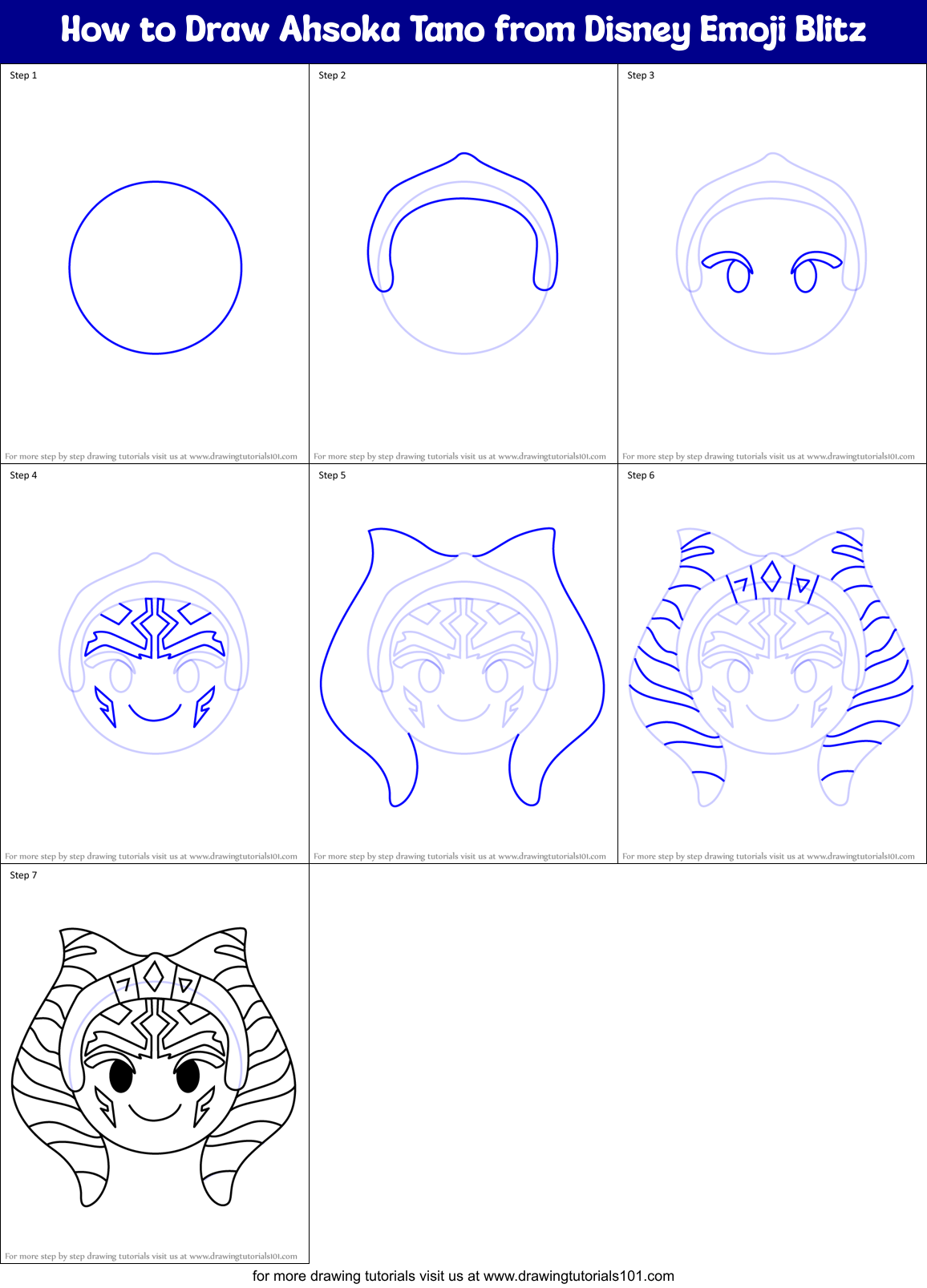 How to Draw Ahsoka Tano from Disney Emoji Blitz Printable Step by Step