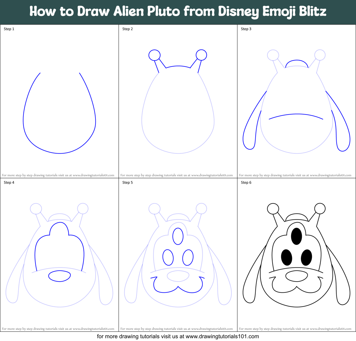 How to Draw Alien Pluto from Disney Emoji Blitz Printable Step by Step