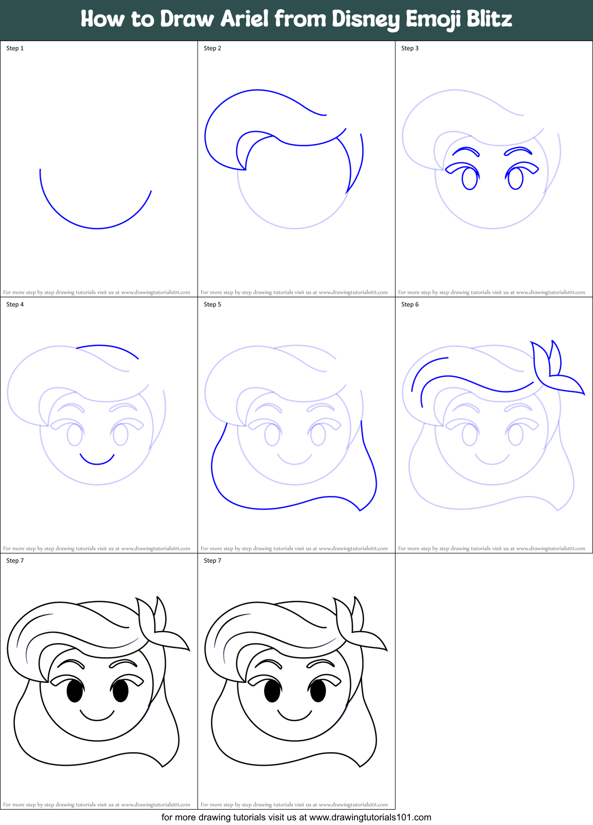 How to Draw Ariel from Disney Emoji Blitz Printable Step by Step