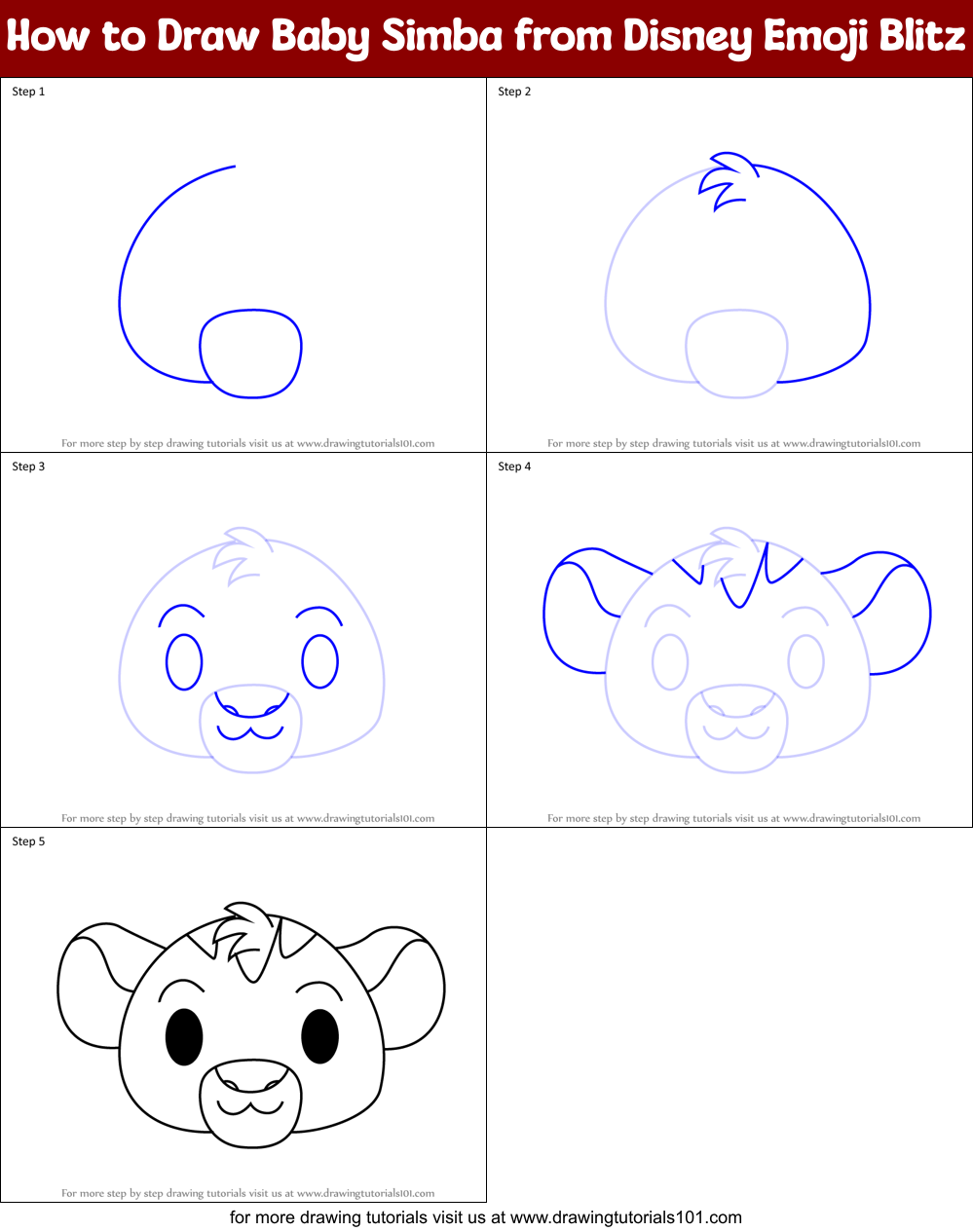How to Draw Baby Simba from Disney Emoji Blitz Printable Step by Step