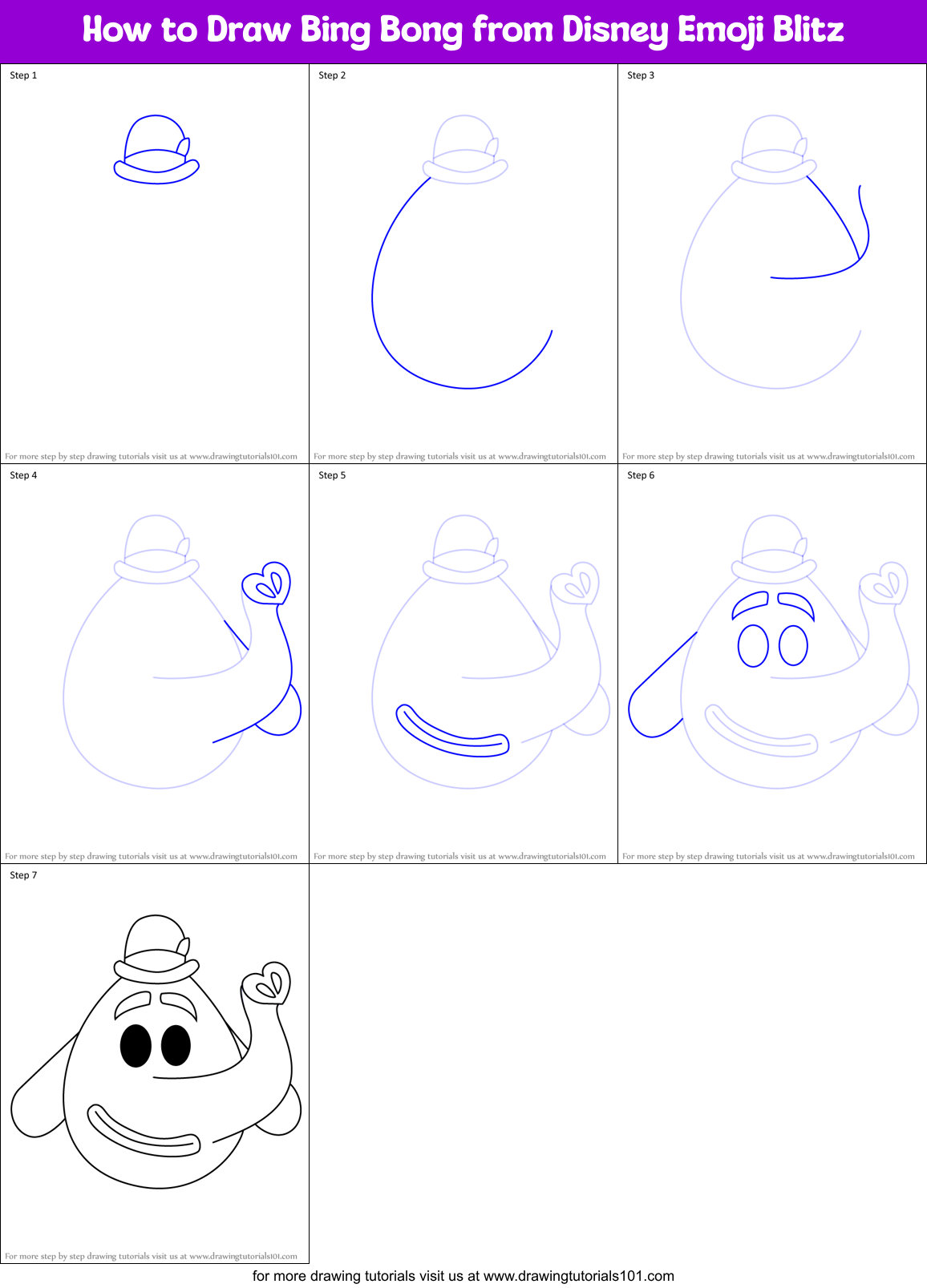 How to Draw Bing Bong from Disney Emoji Blitz Printable Step by Step