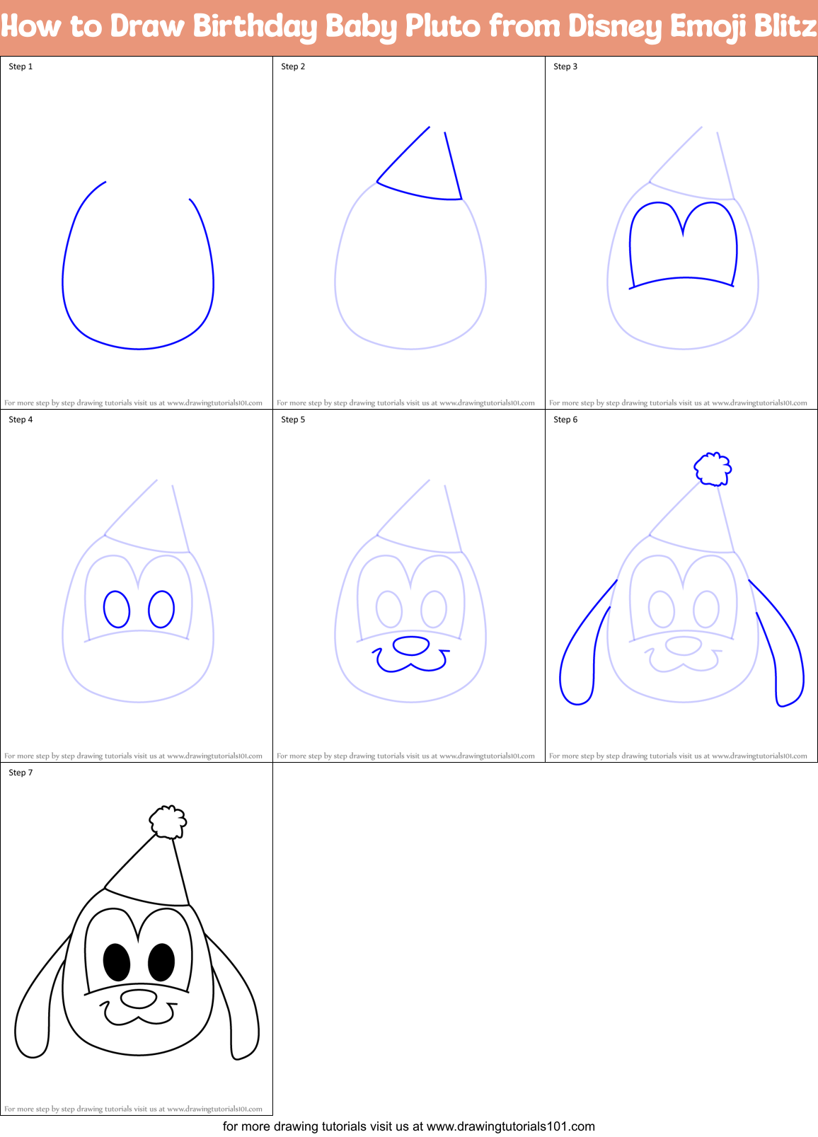 How to Draw Birthday Baby Pluto from Disney Emoji Blitz Printable Step by Step