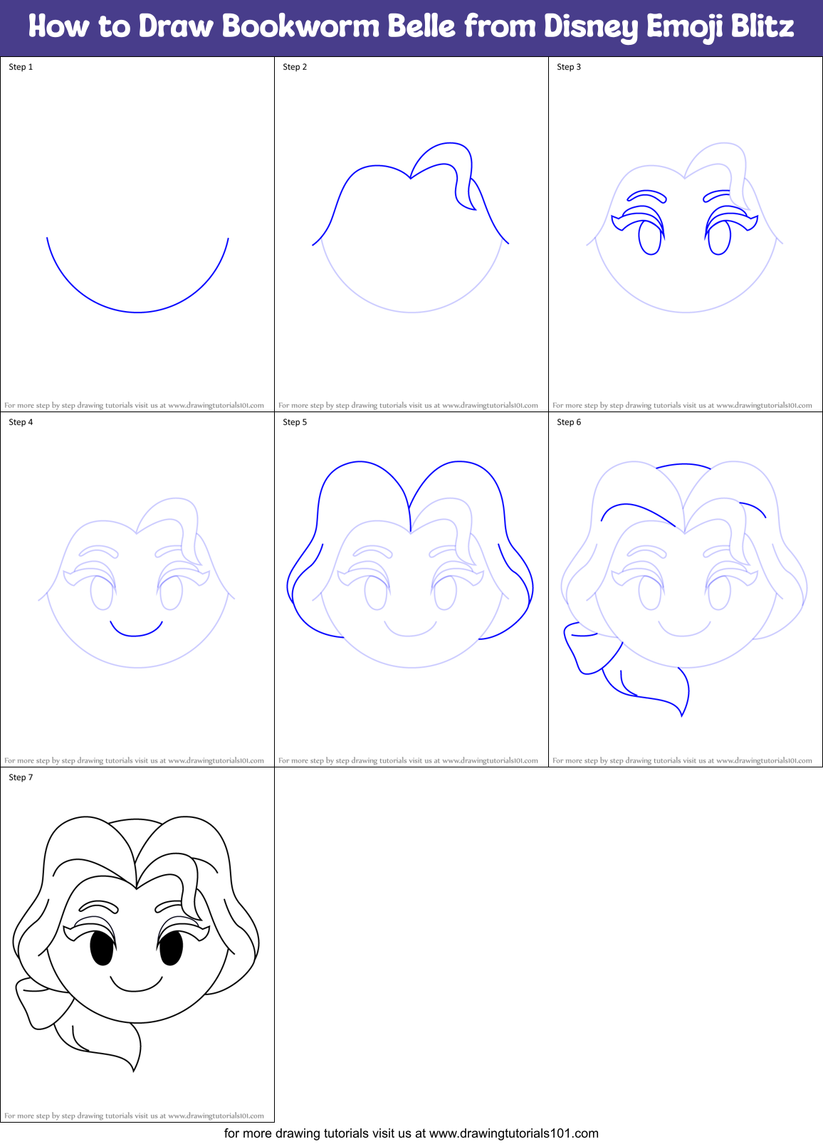 How to Draw Bookworm Belle from Disney Emoji Blitz Printable Step by Step