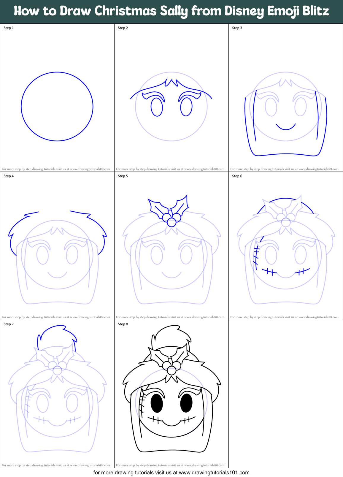 How to Draw Christmas Sally from Disney Emoji Blitz Printable Step by Step