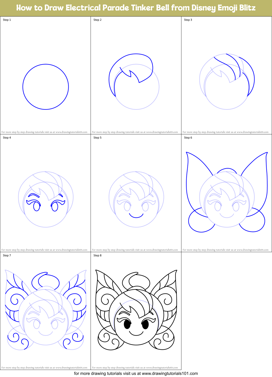 How to Draw Electrical Parade Tinker Bell from Disney Emoji Blitz Printable Step by Step