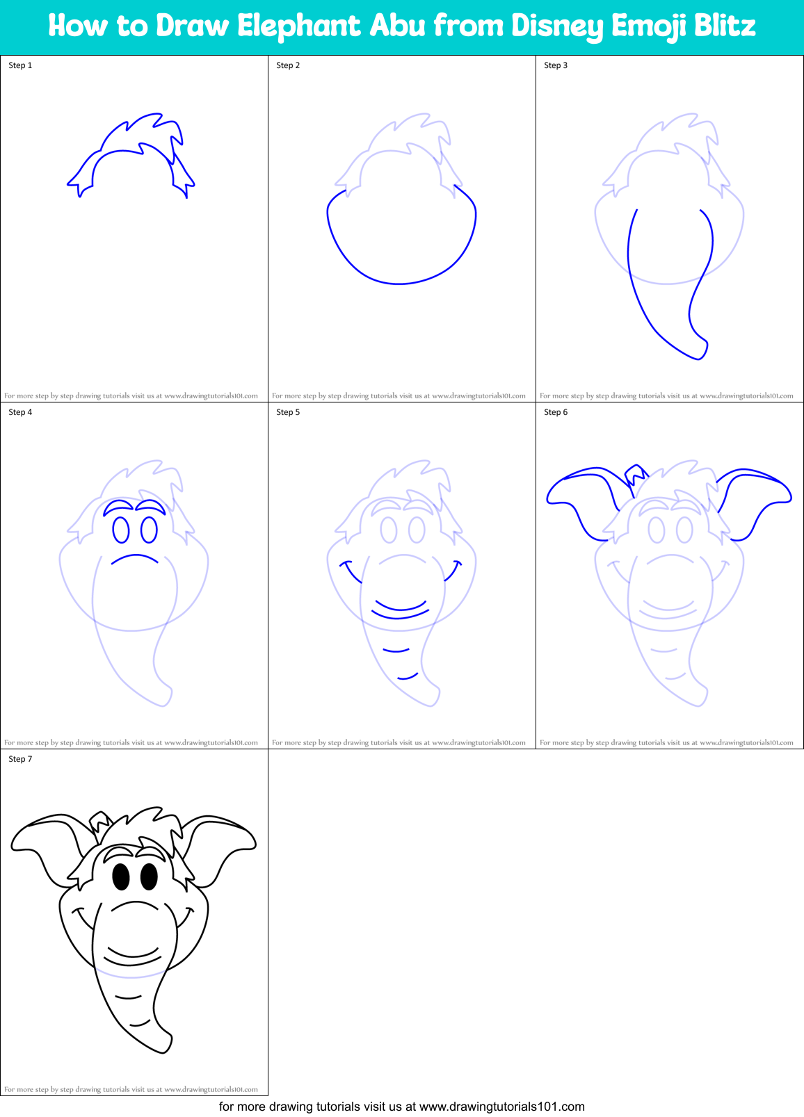 How to Draw Elephant Abu from Disney Emoji Blitz Printable Step by Step