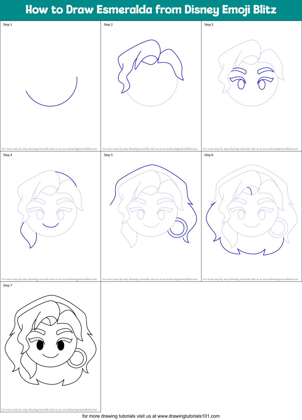 How to Draw Esmeralda from Disney Emoji Blitz Printable Step by Step