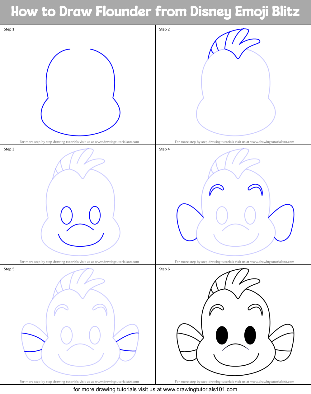 How to Draw Flounder from Disney Emoji Blitz Printable Step by Step