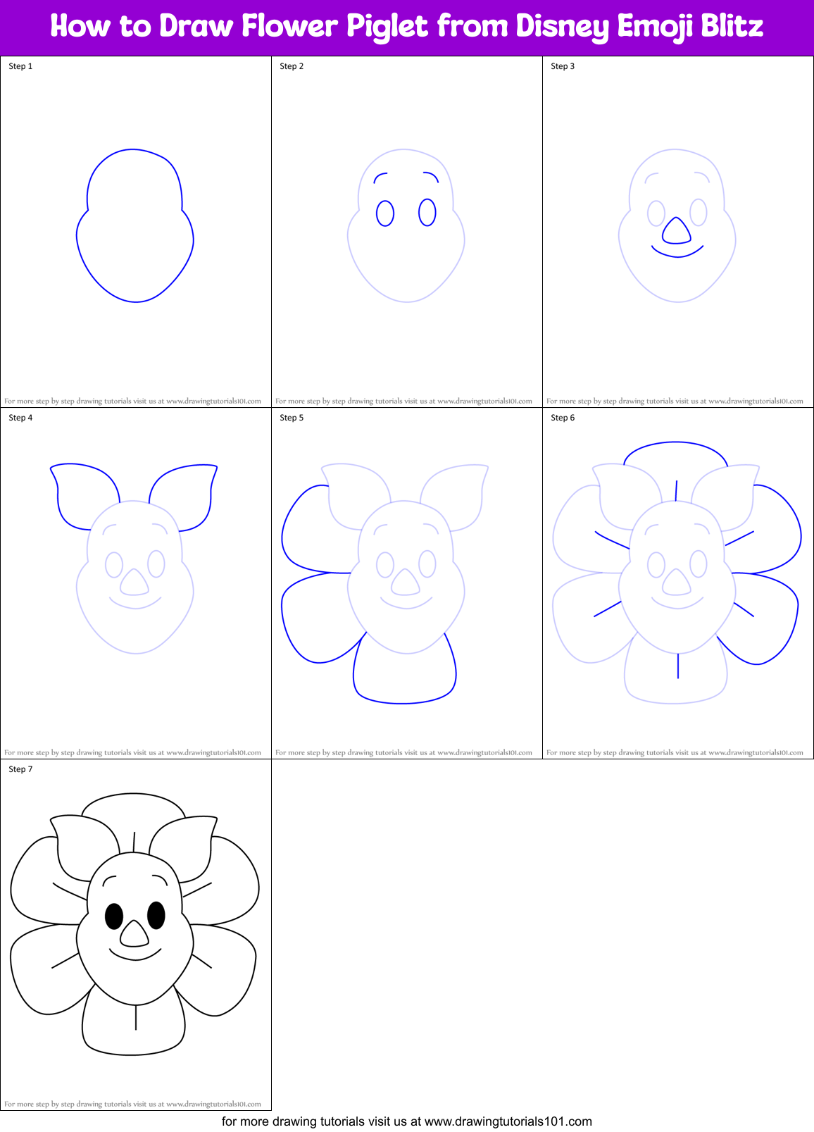 How to Draw Flower Piglet from Disney Emoji Blitz Printable Step by Step