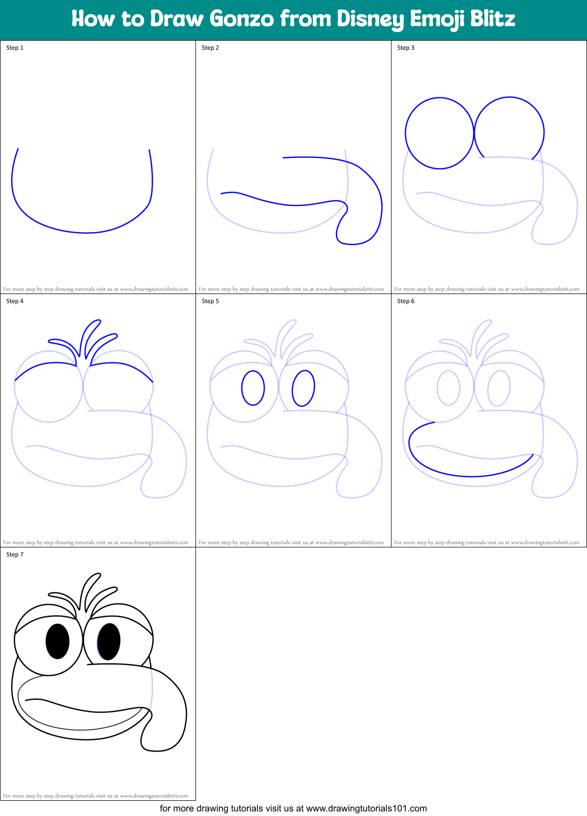 How to Draw Gonzo from Disney Emoji Blitz Printable Step by Step