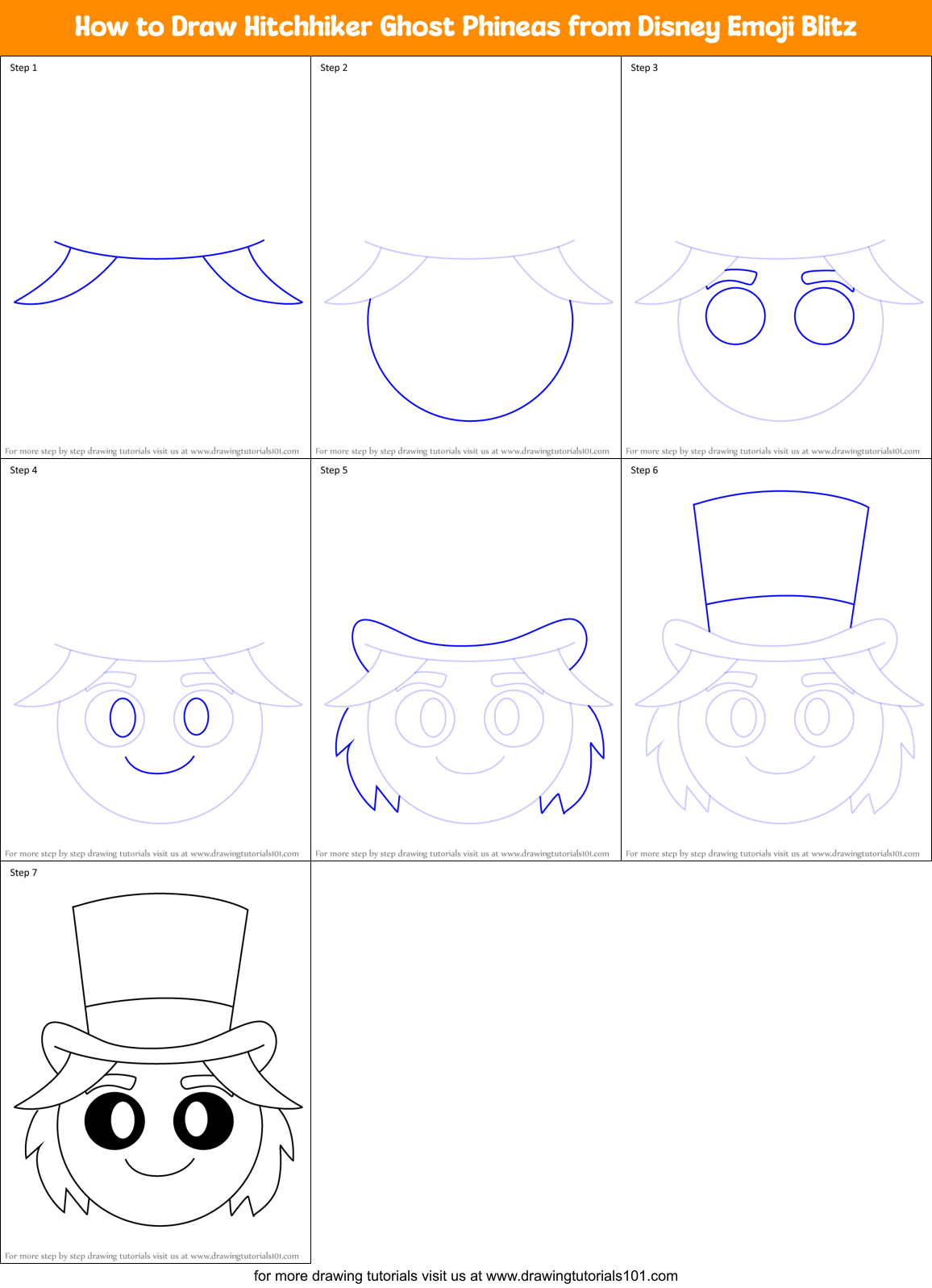 How to Draw Hitchhiker Ghost Phineas from Disney Emoji Blitz Printable Step by Step