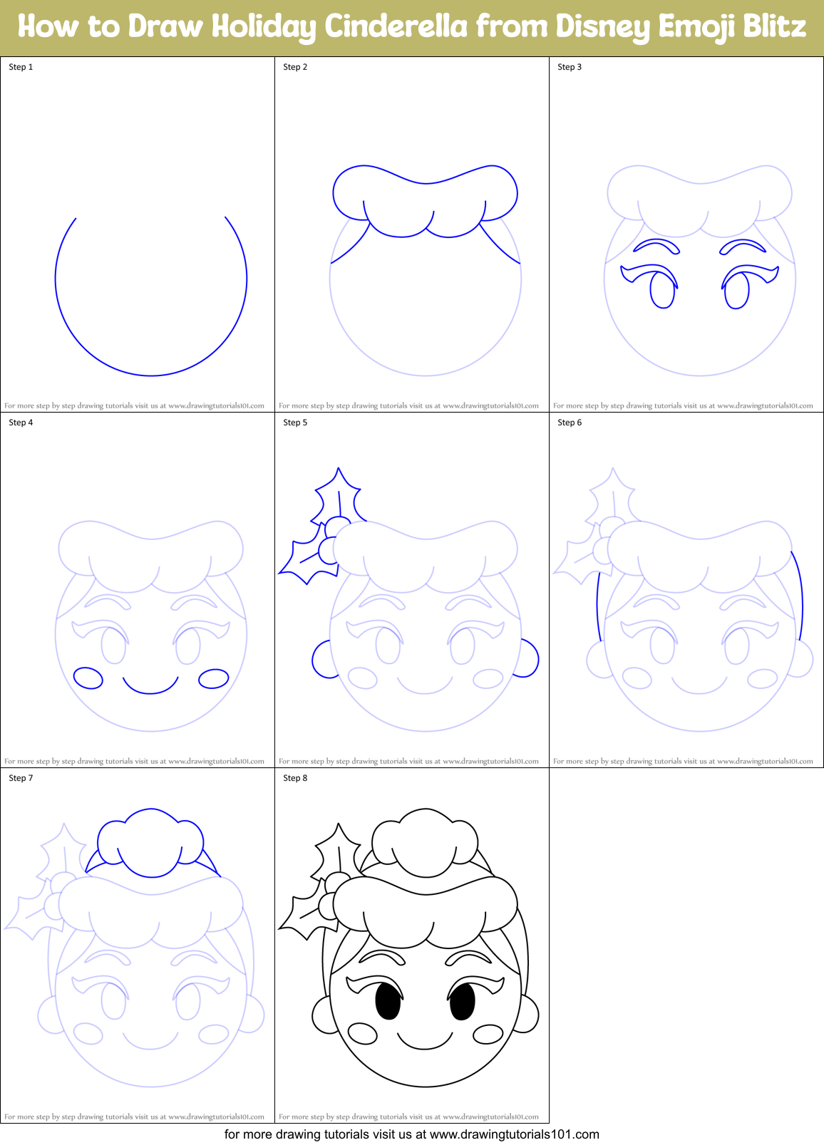 How to Draw Holiday Cinderella from Disney Emoji Blitz Printable Step by Step