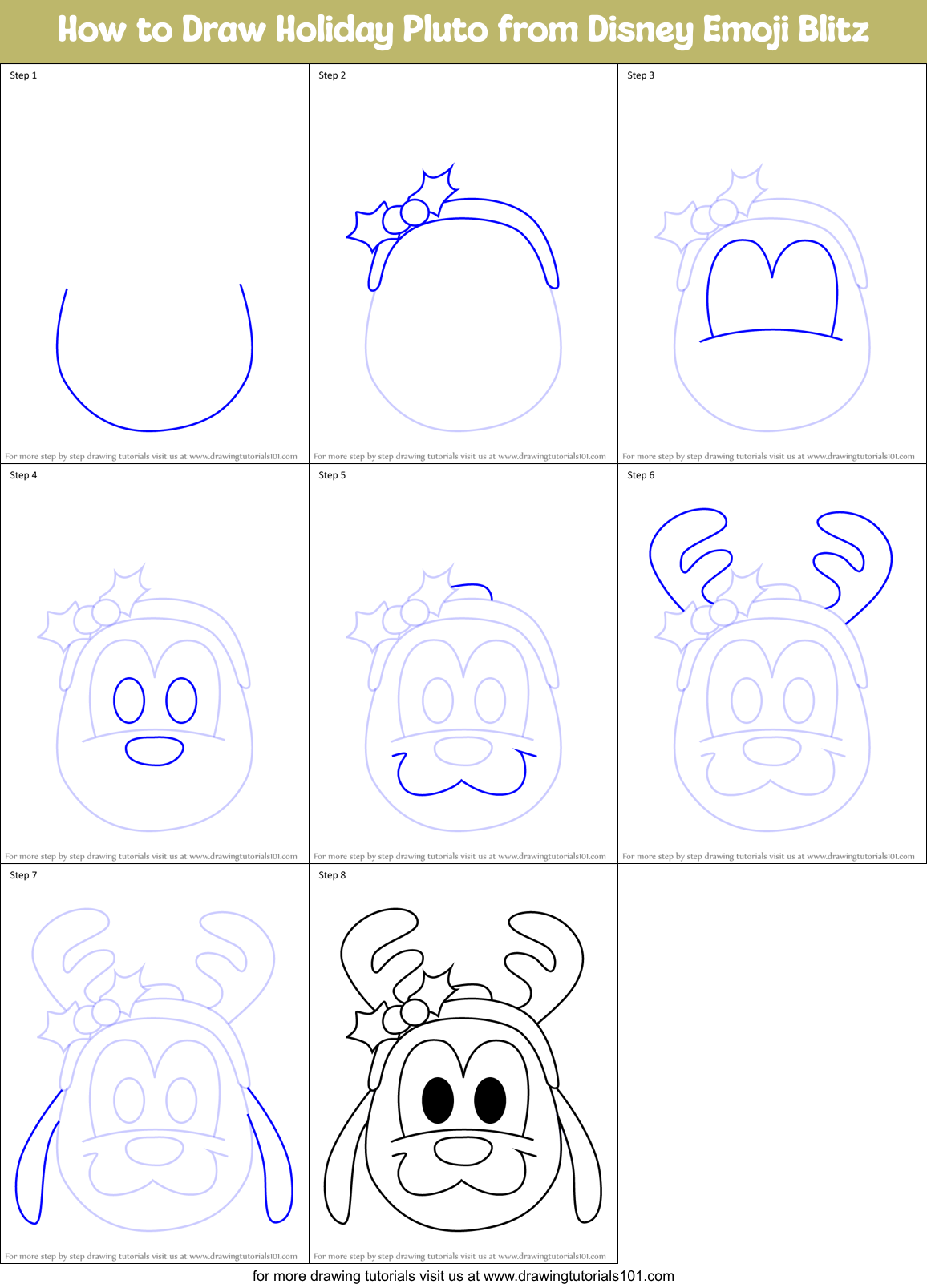 How to Draw Holiday Pluto from Disney Emoji Blitz Printable Step by Step