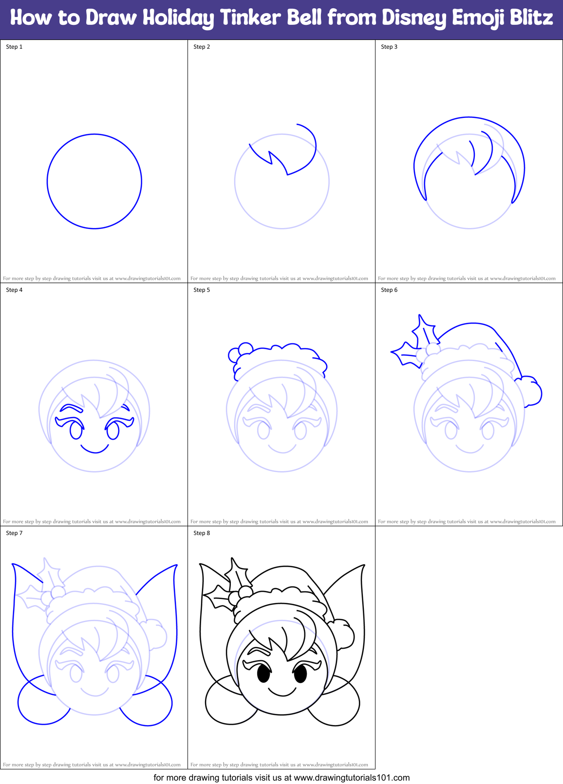 How to Draw Holiday Tinker Bell from Disney Emoji Blitz Printable Step by Step