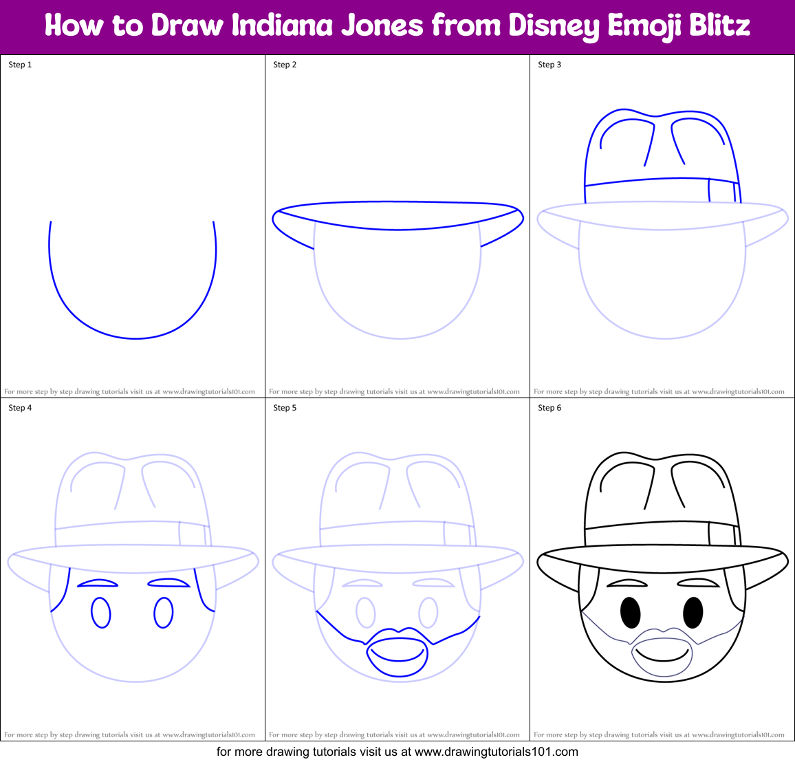 How to Draw Indiana Jones from Disney Emoji Blitz Printable Step by Step
