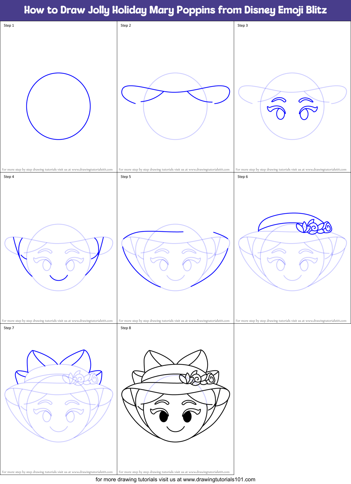 How to Draw Jolly Holiday Mary Poppins from Disney Emoji Blitz Printable Step by Step