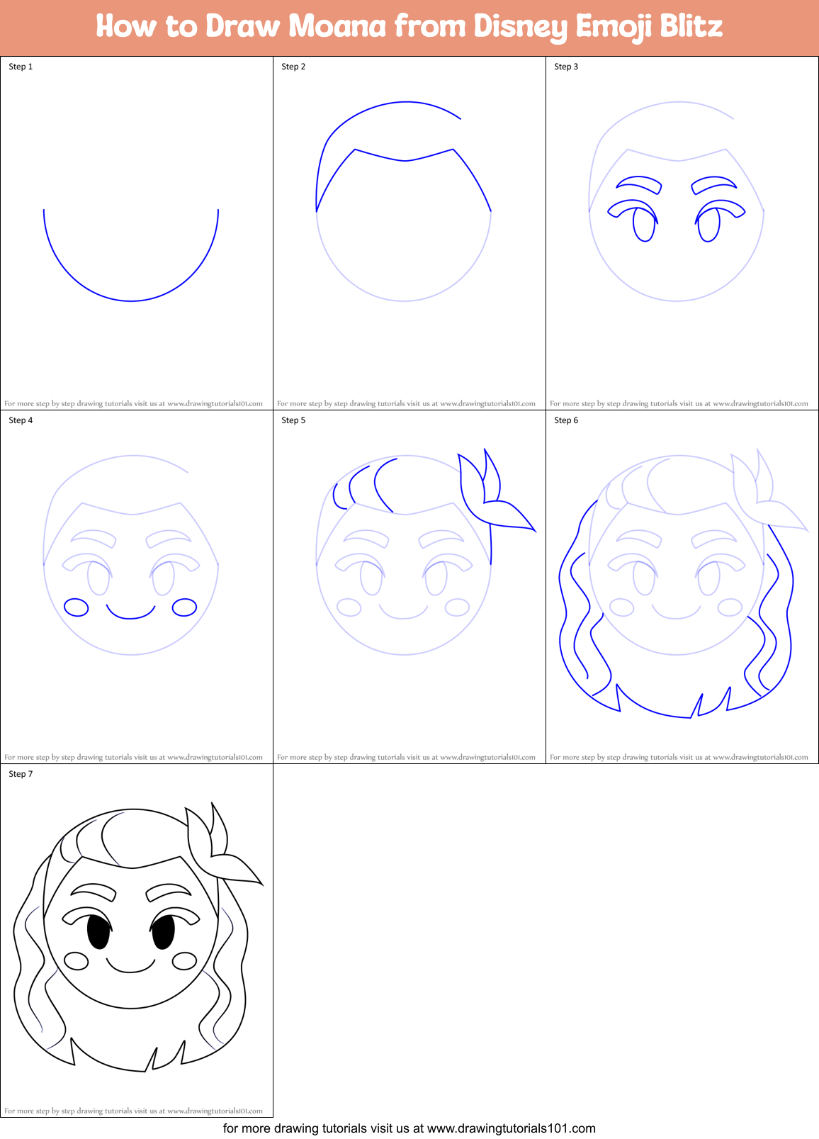 How to Draw Moana from Disney Emoji Blitz Printable Step by Step