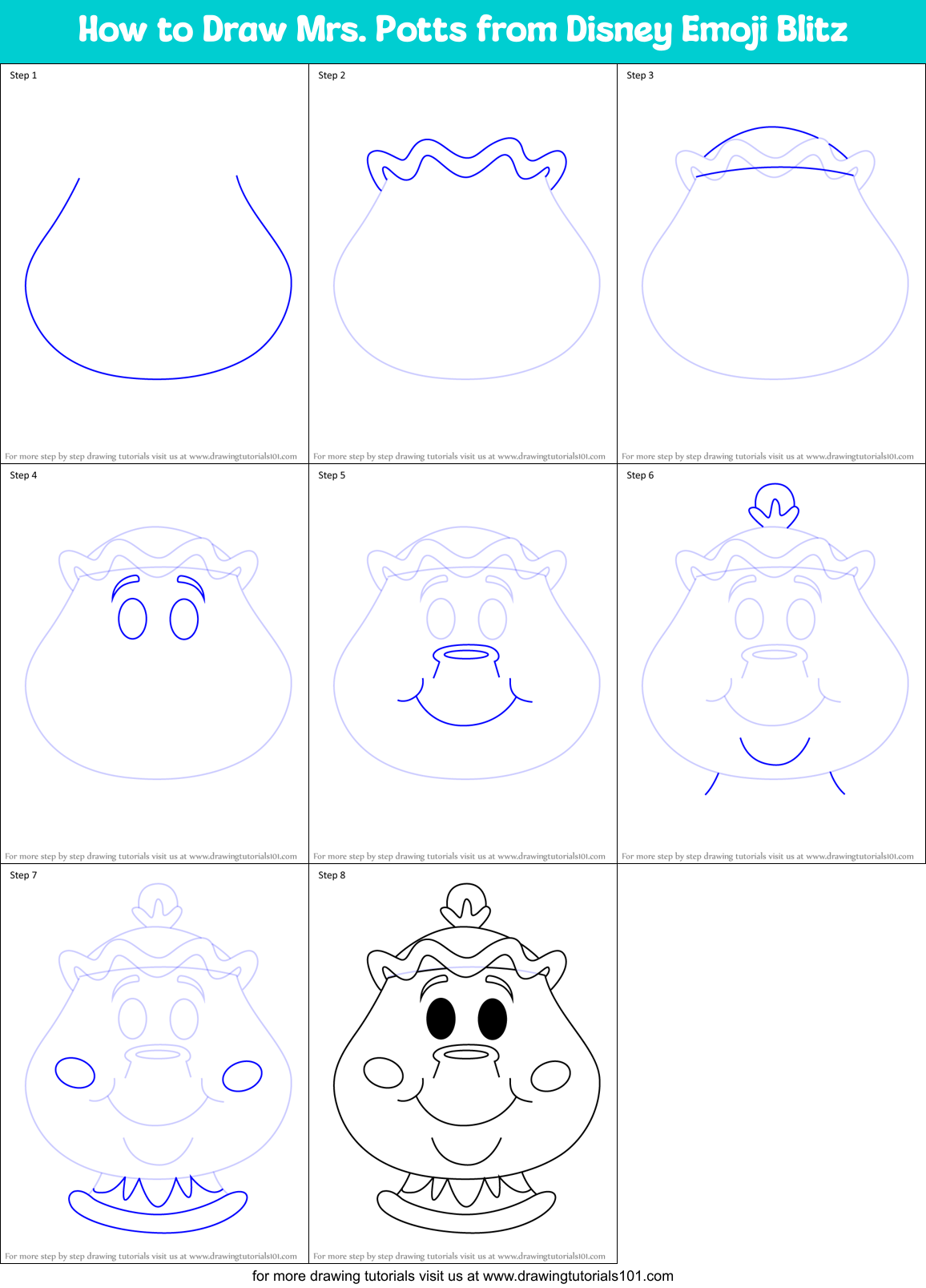 How to Draw Mrs. Potts from Disney Emoji Blitz Printable Step by Step