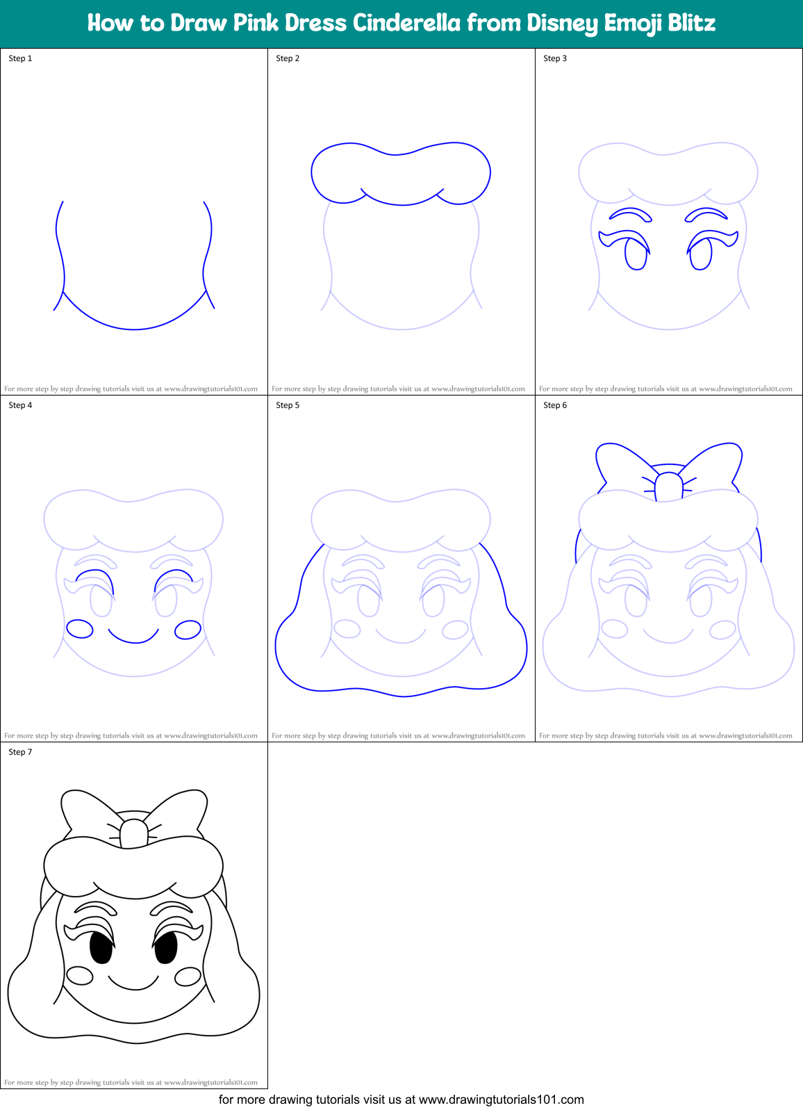 How to Draw Pink Dress Cinderella from Disney Emoji Blitz Printable Step by Step