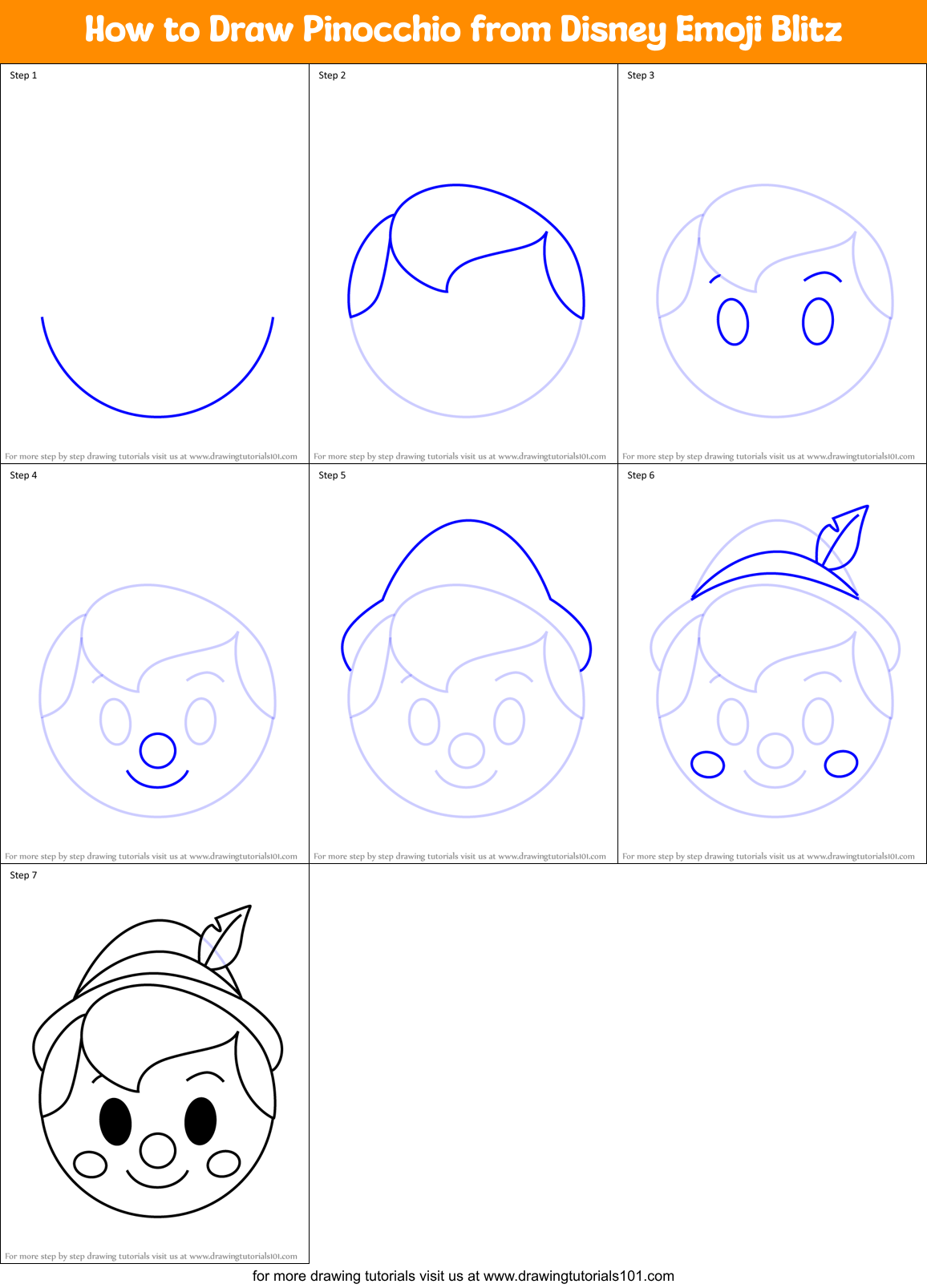 How to Draw Pinocchio from Disney Emoji Blitz Printable Step by Step