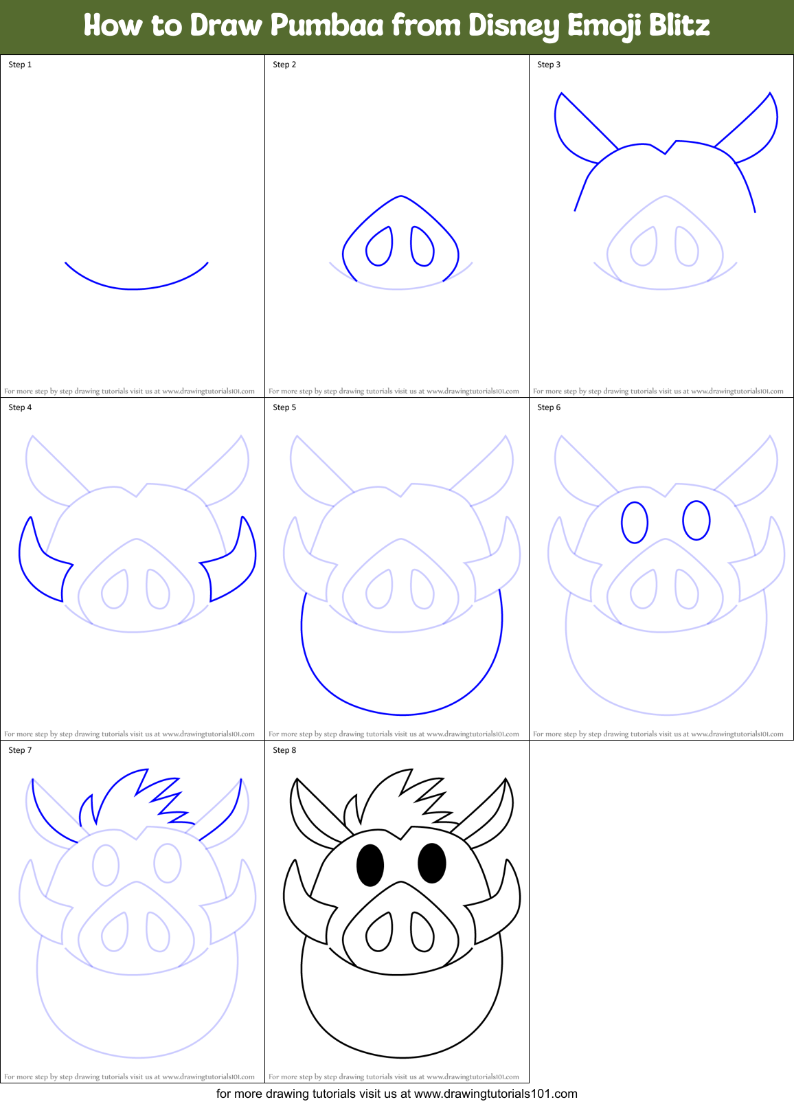 How to Draw Pumbaa from Disney Emoji Blitz Printable Step by Step