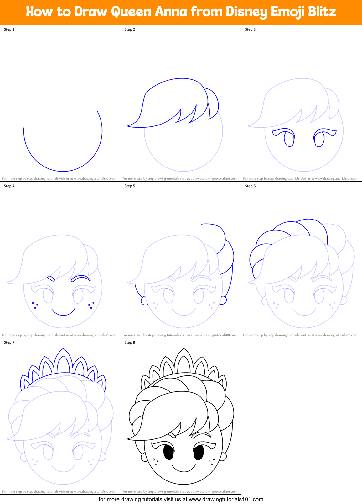 How to Draw Queen Anna from Disney Emoji Blitz Printable Step by Step