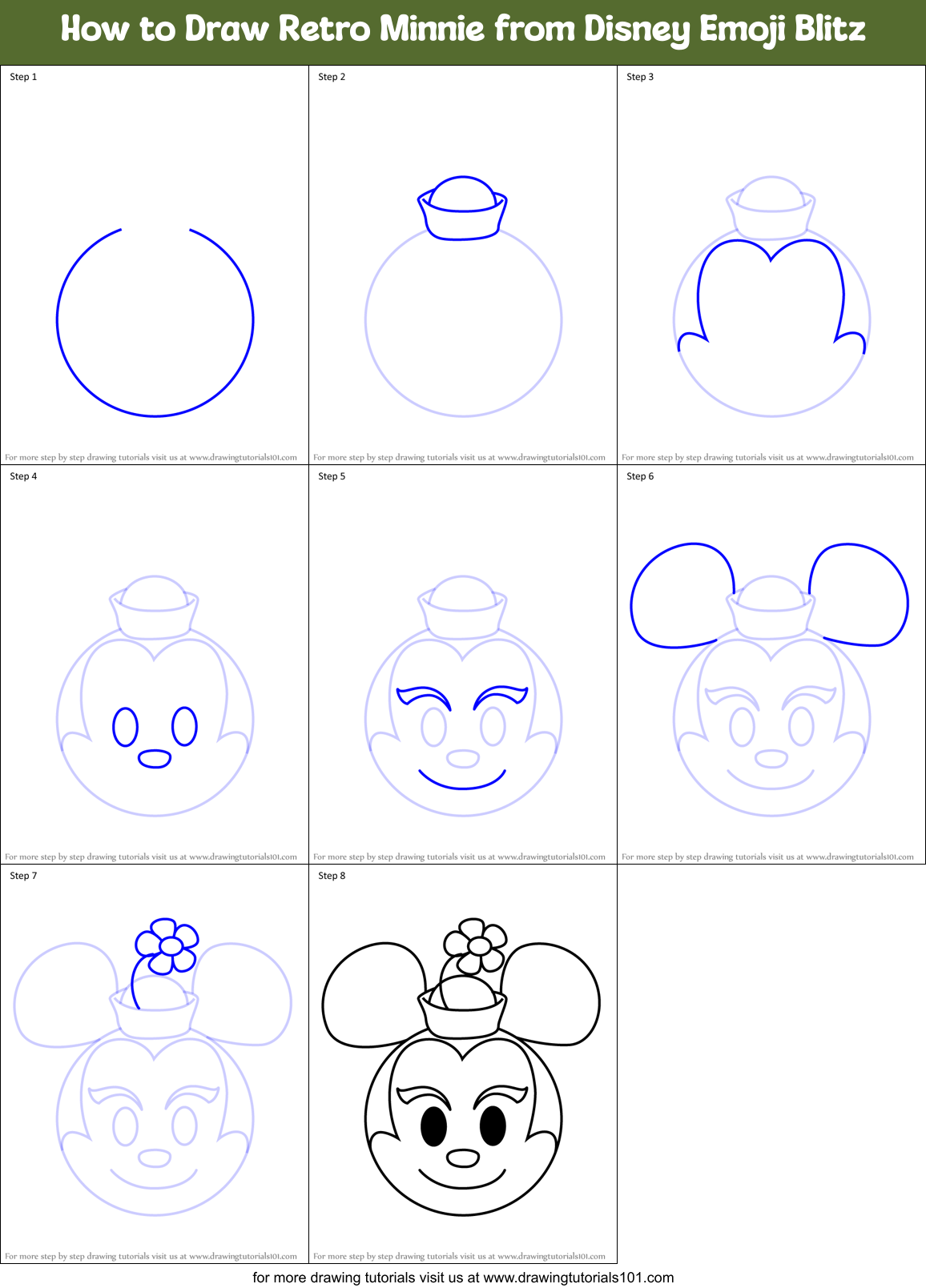 How to Draw Retro Minnie from Disney Emoji Blitz Printable Step by Step