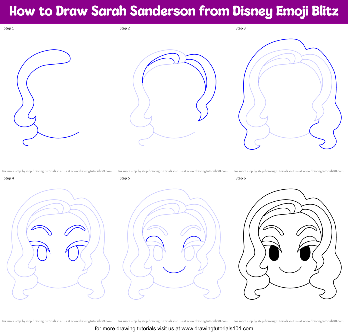 How to Draw Sarah Sanderson from Disney Emoji Blitz Printable Step by Step