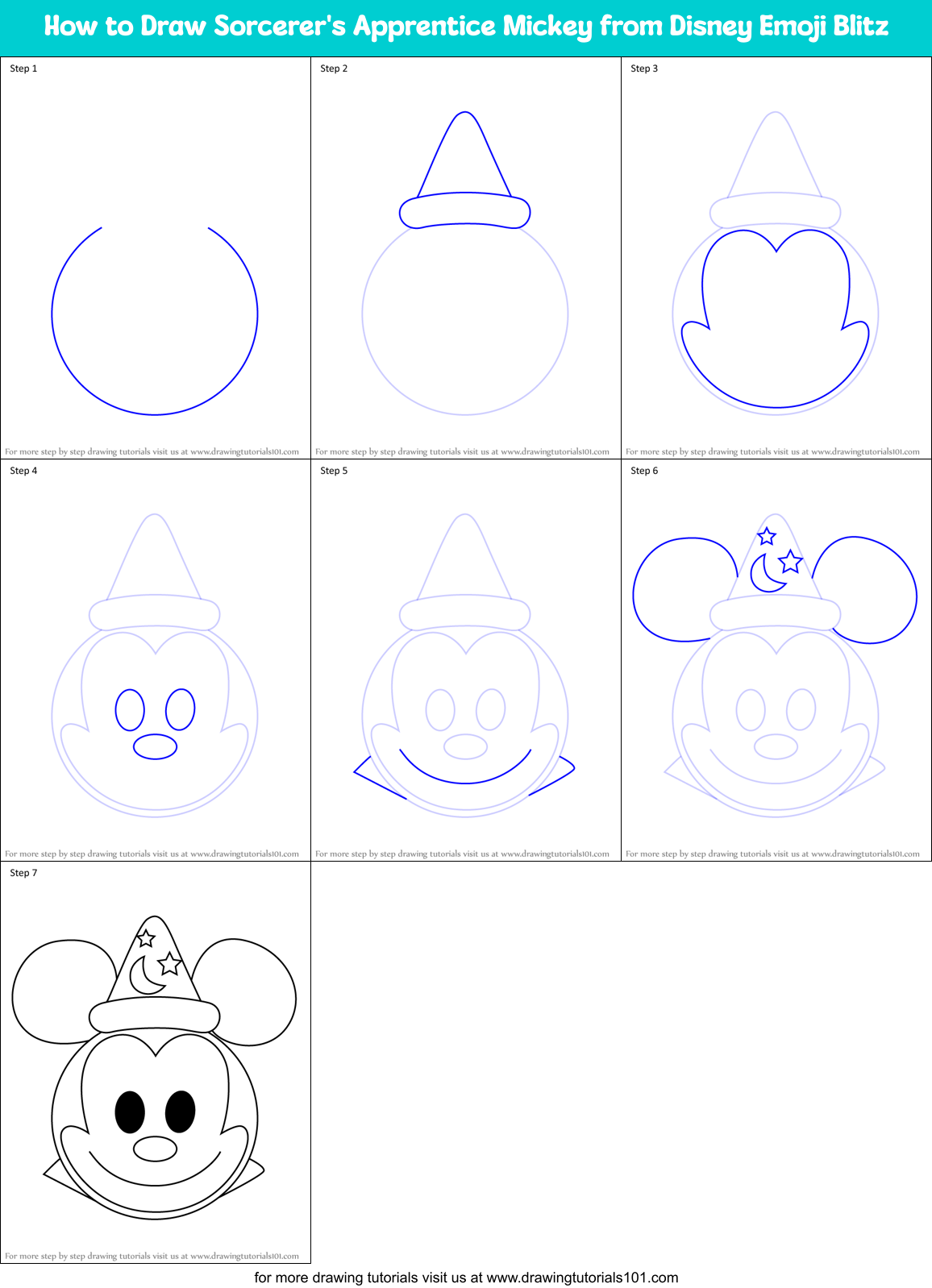How to Draw Sorcerer's Apprentice Mickey from Disney Emoji Blitz Printable Step by Step